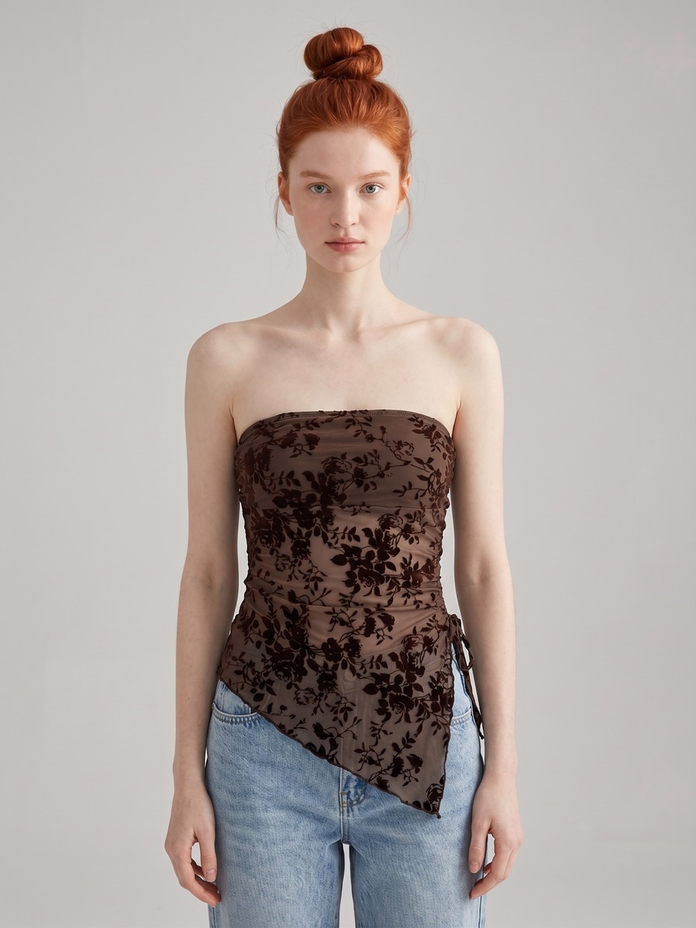 Frankee & Skylarr Whimsigoth Fairy Y2K Style Strapless Brown Floral Sheer Top. M